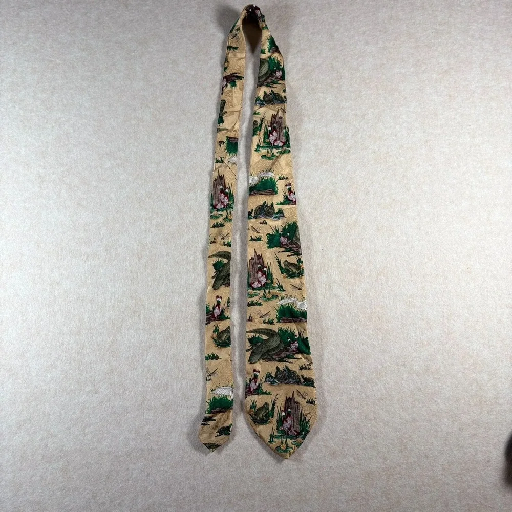 Vintage Tabasco Alligator Silk Necktie Bayou Frog Turtle Heron Novelty Tie